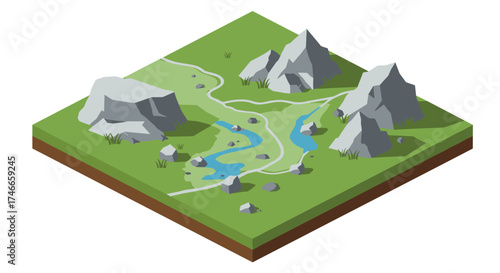 Isometric nature landscape with rocks and stream on green terrain