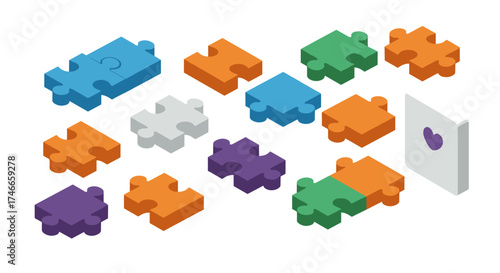 Colorful isometric puzzle pieces and white tablet with heart icon