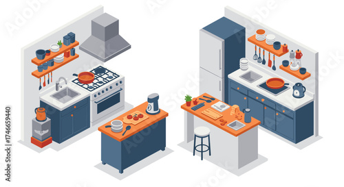 Cozy isometric kitchen design with modern appliances and decorative elements