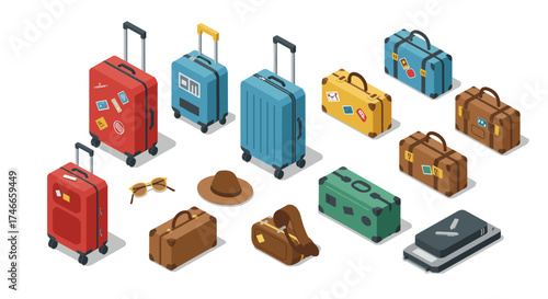Isometric luggage collection with various travel suitcases and accessories