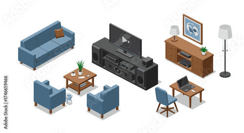 Modern living room with isometric furniture and home entertainment setup