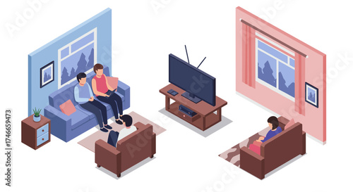 Modern family living room isometric interior with people relaxing on sofas and watching tv
