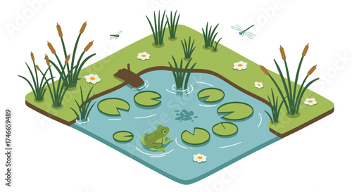 Isometric pond scene with frog, lily pads, and dragonflies in a natural habitat