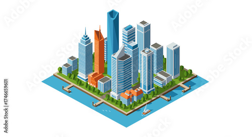 Isometric cityscape with modern skyscrapers and waterfront