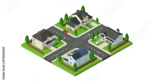 Isometric suburban neighborhood with houses and streets