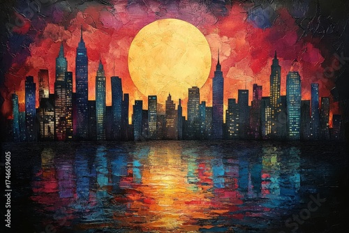 City At Sunset With Large Moon