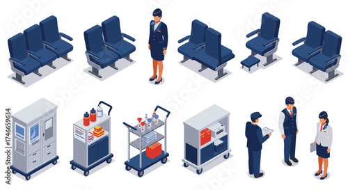 Isometric airplane interior with cabin crew and equipment: airline travel concept