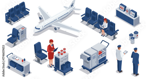 Commercial airline cabin isometric design with crew, seats, and equipment