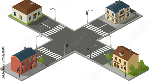 Isometric urban intersection scene with buildings and traffic lights