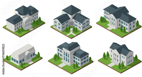 Elegant isometric mansion designs with lush gardens and modern architecture