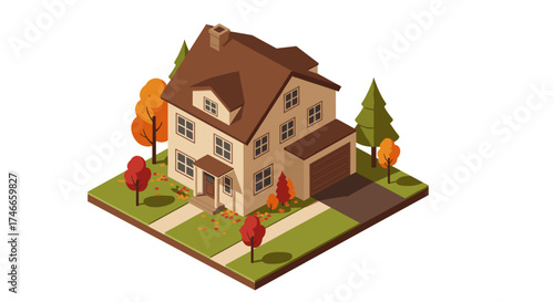 Isometric autumn house on plot with trees and garage