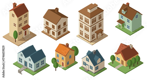 Diverse isometric houses collection showcasing architectural styles