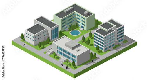 Isometric modern office campus with buildings and green spaces