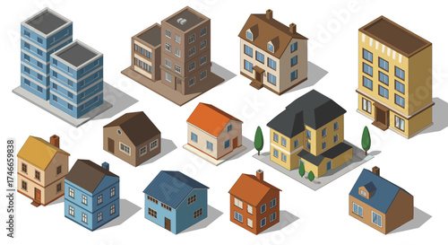 Isometric urban and suburban buildings collection: diverse architectural styles