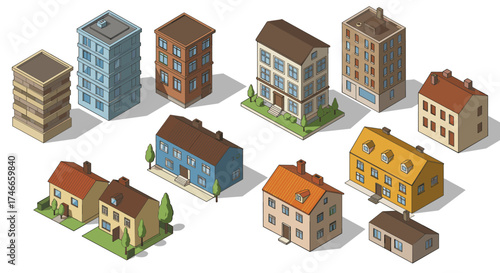 Colorful isometric urban and suburban houses collection in 3d style