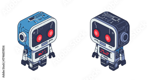 Retro futuristic robots with circuit details and red eyes in isometric cartoon style
