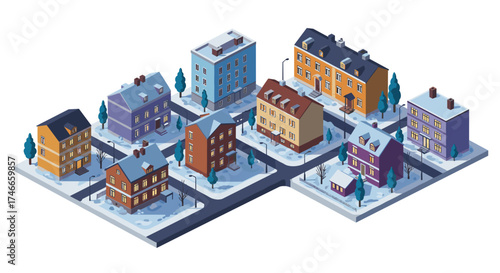 Isometric winter town with snow-covered houses and streets