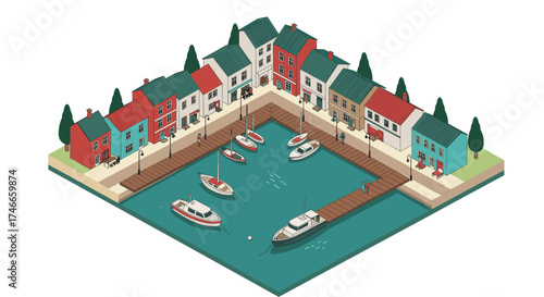Isometric harbor scene with colorful houses and boats in calm waters