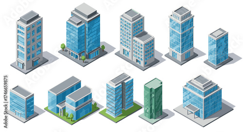 Modern isometric city buildings set: urban architecture design with glass facades