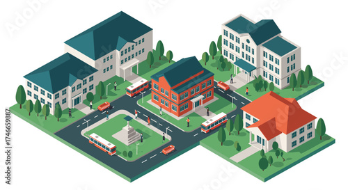 Isometric urban neighborhood with buildings and public transport