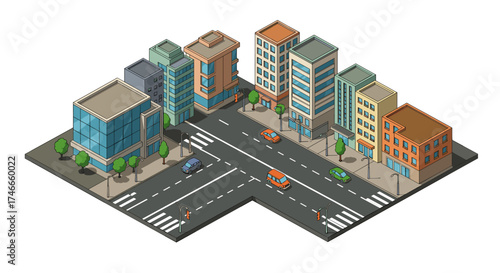 Isometric urban cityscape with lively streets and colorful buildings