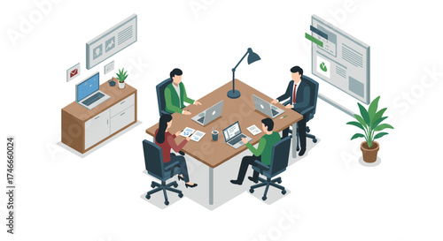 Modern office workspace with team collaboration in isometric design