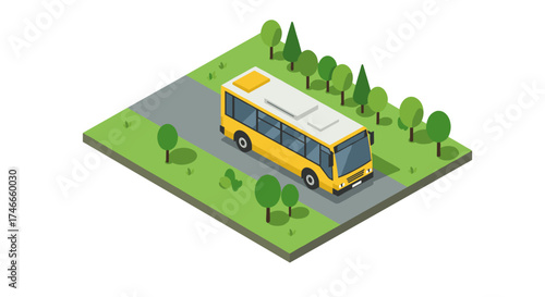 Isometric yellow bus on road in green park setting with trees