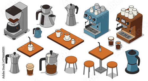 Isometric coffee equipment set with espresso machines and accessories