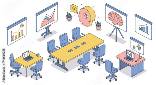 Isometric office workspace with business graphs and technology