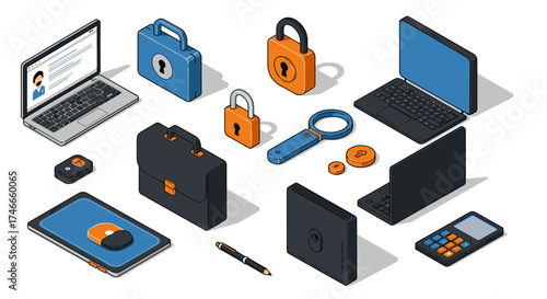 Isometric office security icons featuring laptops and locks in blue and orange theme