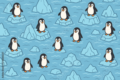 Cute cartoon penguins scattered across ice floes in a playful seamless pattern