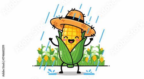 Happy corn character celebrates rain in the field, wearing straw hat and smiling