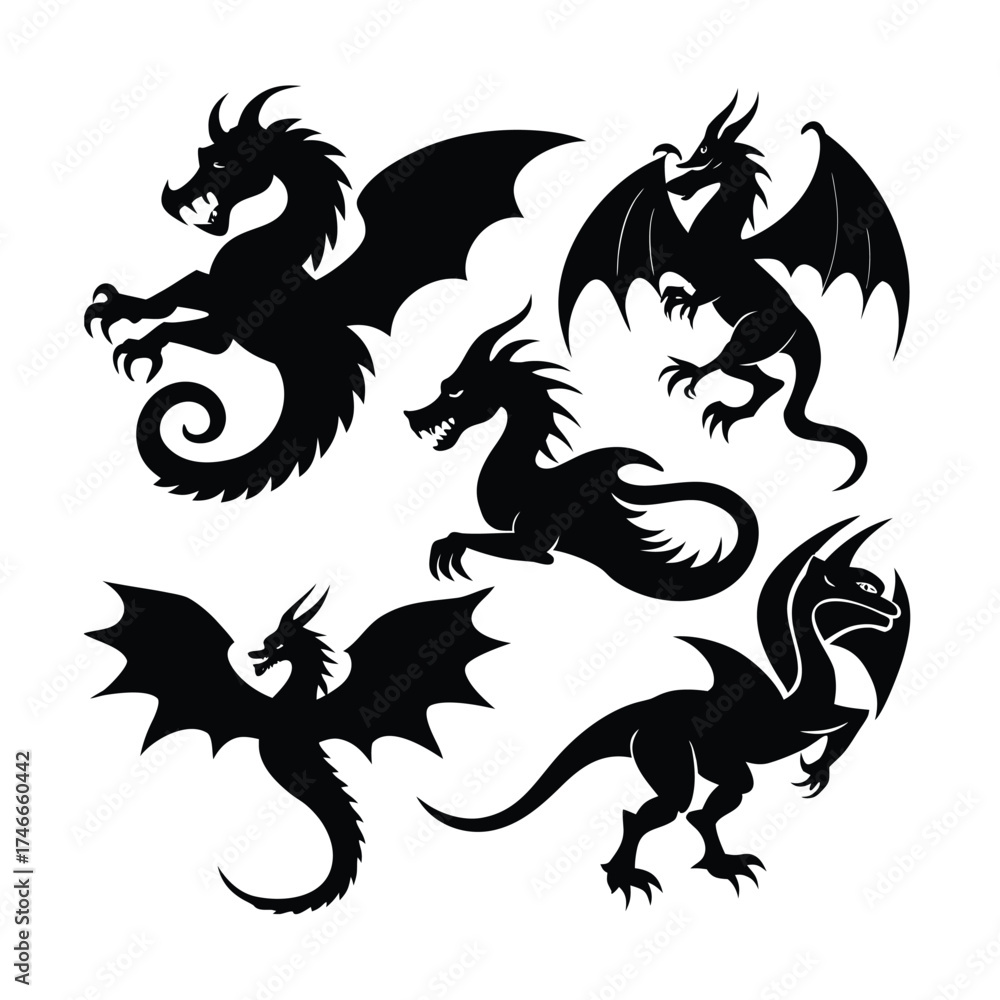 Fototapeta premium Mythical Dragon Silhouette Art Set