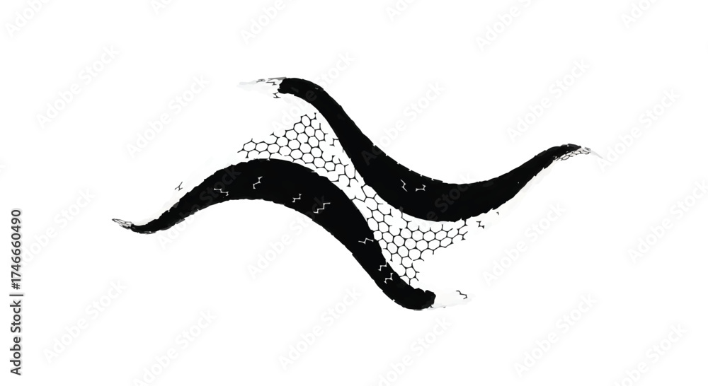 Obraz premium Abstract flowing black shapes intertwine with hexagonal pattern on white background