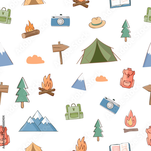 Seamless vector pattern of camping and outdoor icons. Perfect for nature adventures, hiking gear branding, travel designs, and wilderness-themed creative projects.