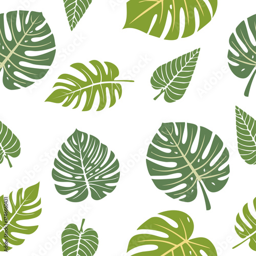 Seamless vector pattern of tropical leaves in green tones. Ideal for nature themes, botanical designs, summer prints, eco branding, and organic product visuals.