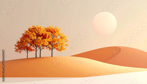Horizontal Minimalist Autumn Abstract Landscape: Orange Trees, Sand Dunes, and Negative Space in Pastel Tones 