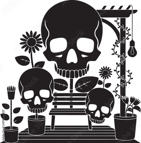 Whimsical Skull Garden Scene with Flowers Bench and String Lights Dark Gothic Theme Vector Illustration