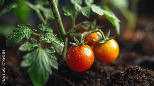 Cherry tomato plant with fresh fruit in dark soil