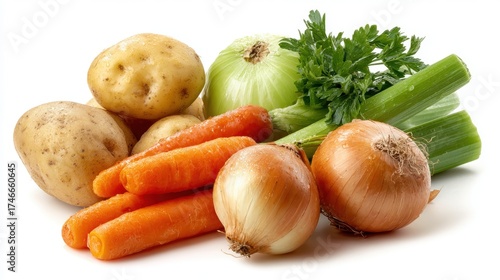 Fresh raw vegetables including potatoes, carrots, onions, leek and celery arranged on white background for healthy cooking