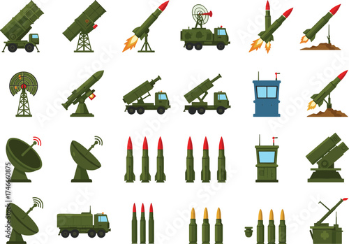 Military illustrations, missile systems, radar equipment, satellite dishes, control towers, ammunition graphics, defense technology, warfare 