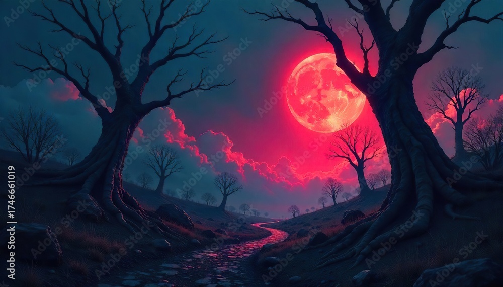 Fototapeta premium Twisted Trees and Foreboding Sky A Surreal Dark Landscape Evoking Dread and Unease, Perfect for Horror, Fantasy, and Psychological Thriller Projects