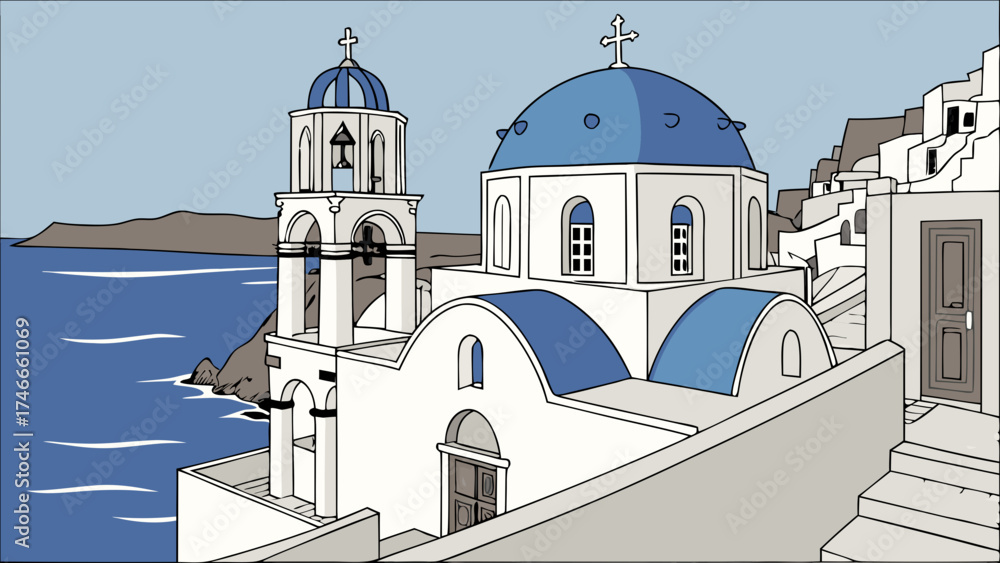Obraz premium Coastal Church with Blue Dome and Bell Tower Mediterranean Architecture Seaside Village Illustration.