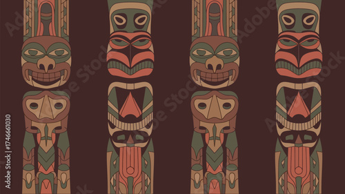 Discover the rich heritage of Native American culture with these four vibrant totem poles, a captivating glimpse into ancient traditions and symbolism