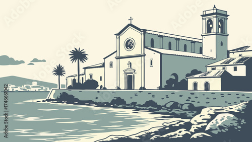 Coastal Church and Village Scene Vintage Style Illustration.