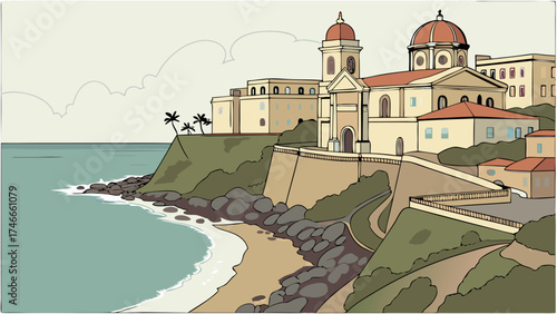 Coastal Church Mediterranean Style Seaside Village Ocean View Summer Vacation Illustration.