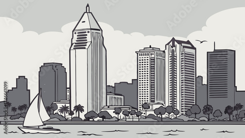 Coastal City Skyline Illustration Waterfront View with Sailboat and Palm Trees Urban Landscape Drawing Monochrome Cityscape Art Grey Scale City Design.
