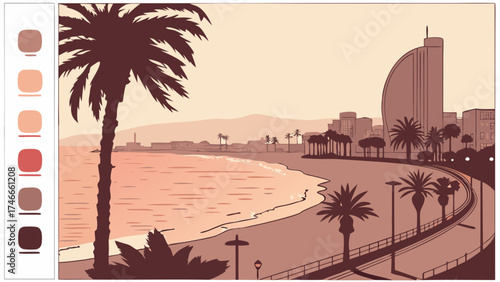 Coastal Cityscape at Sunset Palm Trees Beach Ocean View Urban Design Warm Tones Vacation Travel Summer Holiday Illustration Graphic Design Artistic Render.