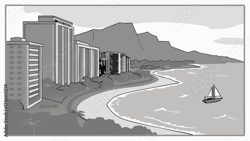 Coastal Cityscape Beach Buildings and Ocean View in Monochrome Illustration.
