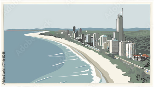 Coastal Cityscape Beach Ocean and High-Rise Buildings Aerial View Illustration.